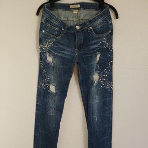 Blue Denim Jeans Distressed w/ Rhinestones